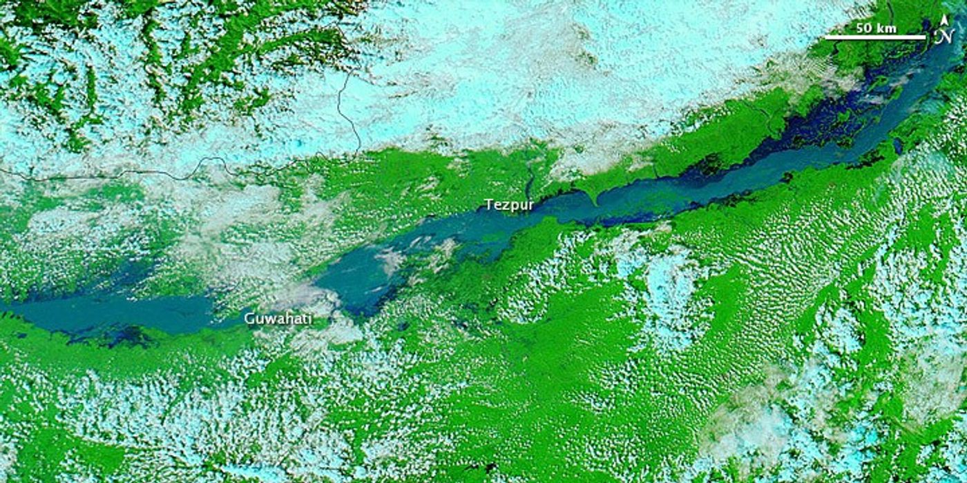 Brahmaputra River in flood near Guwahati and Tezpur, MODIS, September 2012