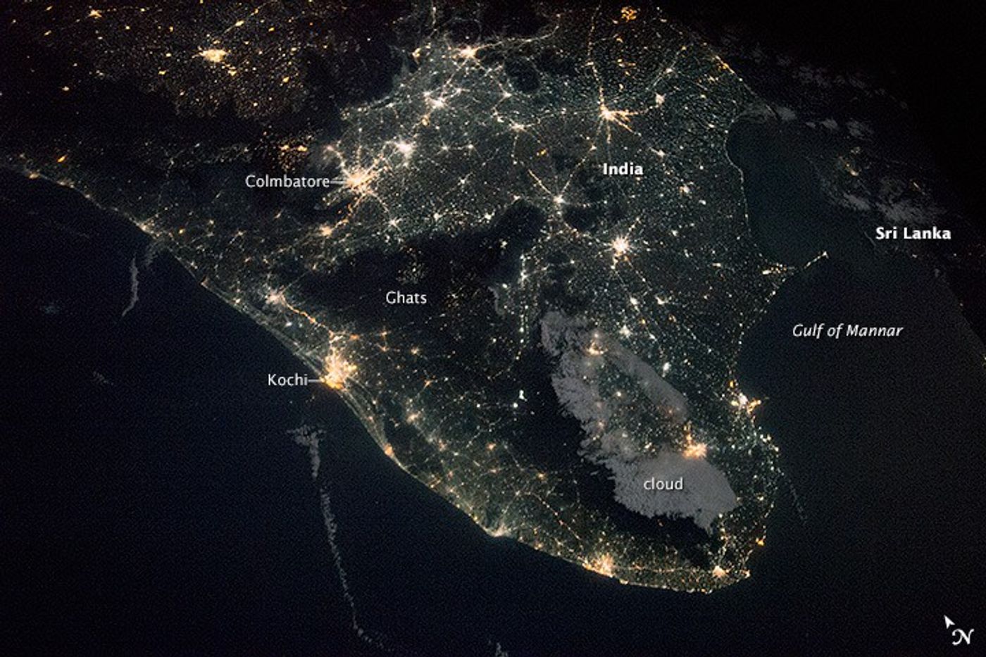 Southern India at night from the ISS: Kochi, Coimbatore, the dark Western Ghats, and Sri Lanka