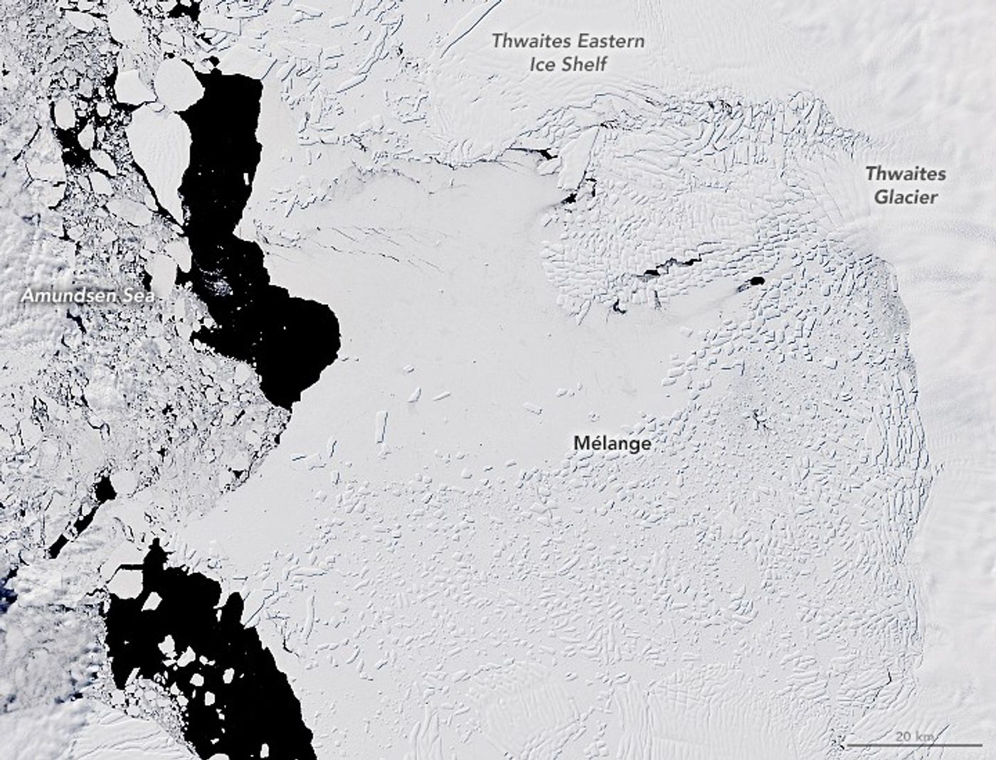 Thwaites Glacier and ice mélange, West Antarctica, Landsat 8, 2019